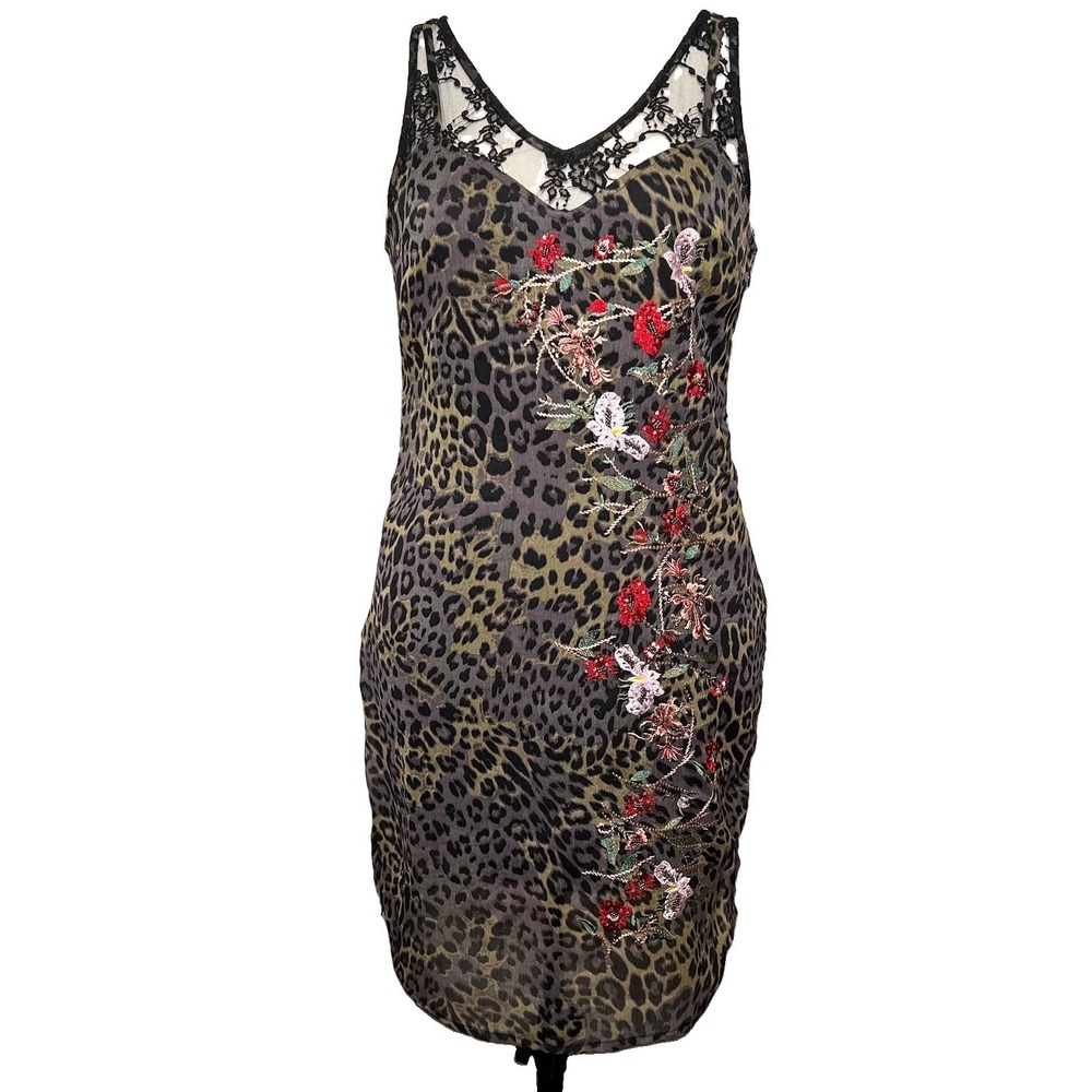 Guess Odessa Y2K Whimsigoth Leopard Floral Slip Dress M Embroidered Gothic Lace